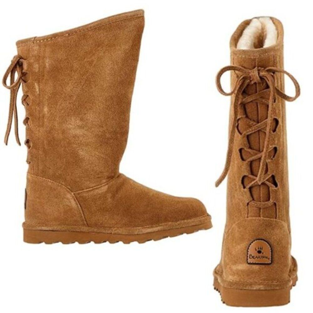 Bearpaw Kids Boots Cow Suede Leather Wool Blend Lining Brown Size 13 $89